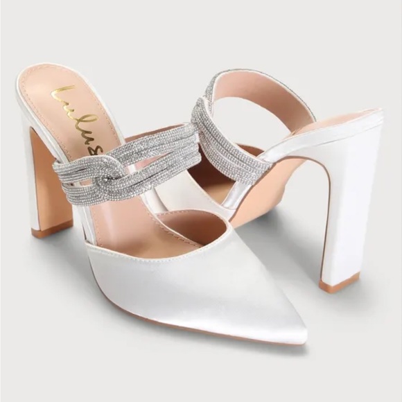 Lulu’s Celines White Satin Rhinestone Pointed-Toe Mule Pumps. Sz: 7 - Picture 6 of 15